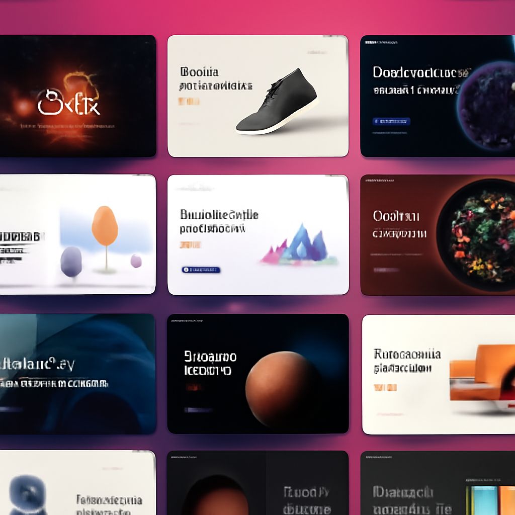 A grid of colorful web design mockups featuring abstract shapes, typography, and product images against a vibrant backgr