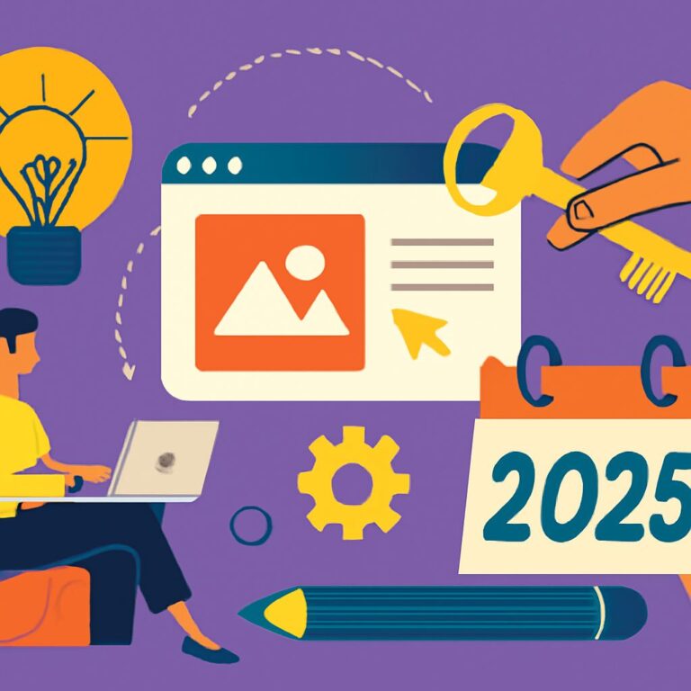 A person sits with a laptop, surrounded by design elements like a light bulb, calendar, and tools against a purple backg