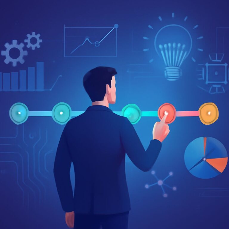 A man in a suit interacts with a digital roadmap, surrounded by graphs, gears, and a light bulb, symbolizing innovation.