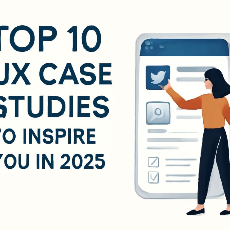 A woman in an orange top interacts with a smartphone displaying a Twitter icon and a checklist, promoting UX case studie