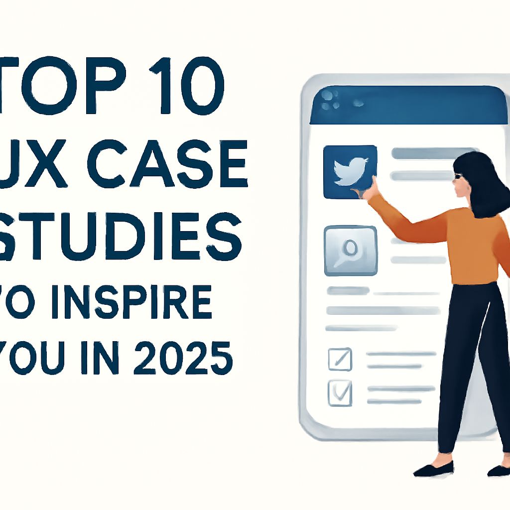 A woman in an orange top interacts with a smartphone displaying a Twitter icon and a checklist, promoting UX case studie