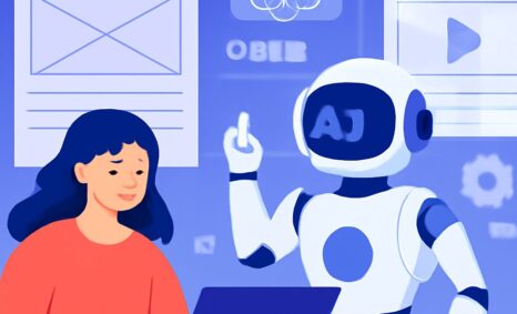 A woman in a red sweater sits at a laptop, while a friendly robot gestures, surrounded by digital interface elements.