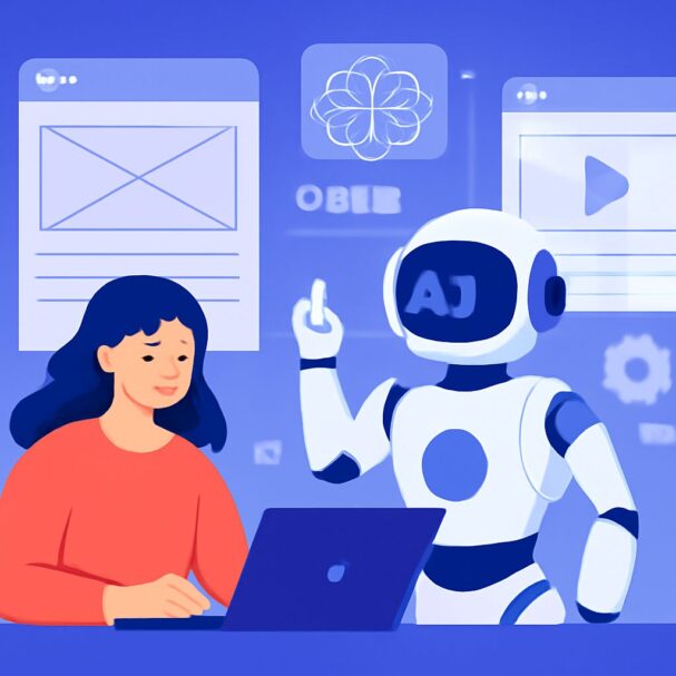 A woman in a red sweater sits at a laptop, while a friendly robot gestures, surrounded by digital interface elements.