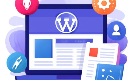 A laptop displays a WordPress design interface, surrounded by colorful icons representing features and user options.