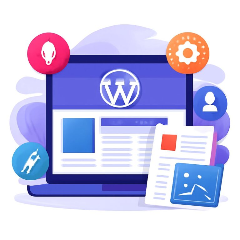 A laptop displays a WordPress design interface, surrounded by colorful icons representing features and user options.