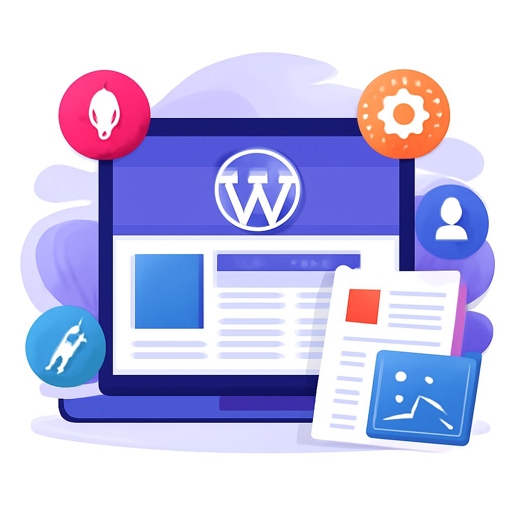 A laptop displays a WordPress design interface, surrounded by colorful icons representing features and user options.