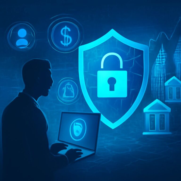 A silhouette of a person using a laptop, surrounded by icons representing security, finance, and user data in blue tones