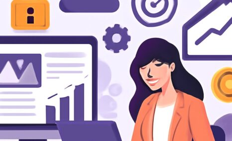 A woman in an orange blazer smiles while working on a laptop, surrounded by icons representing security, analytics, and