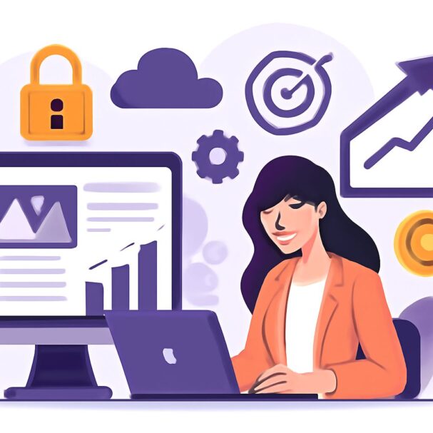 A woman in an orange blazer smiles while working on a laptop, surrounded by icons representing security, analytics, and