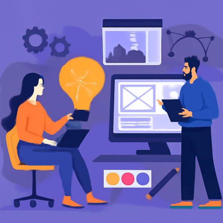 A woman in an orange sweater holds a light bulb while working on a laptop, as a man in a blue shirt discusses ideas besi