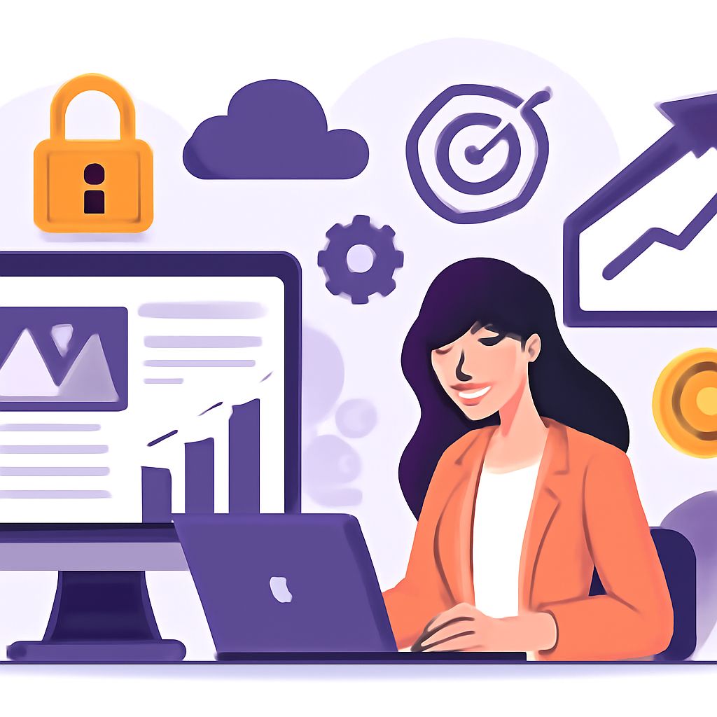 A woman in an orange blazer smiles while working on a laptop, surrounded by icons representing security, analytics, and