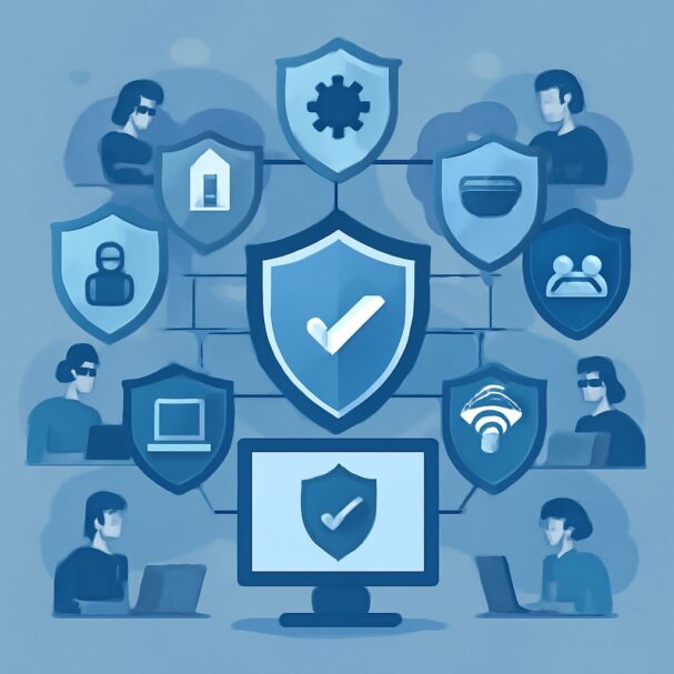 A central shield with a checkmark is surrounded by various icons representing cybersecurity tools and users working on c