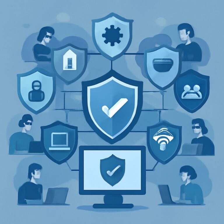 A central shield with a checkmark is surrounded by various icons representing cybersecurity tools and users working on c