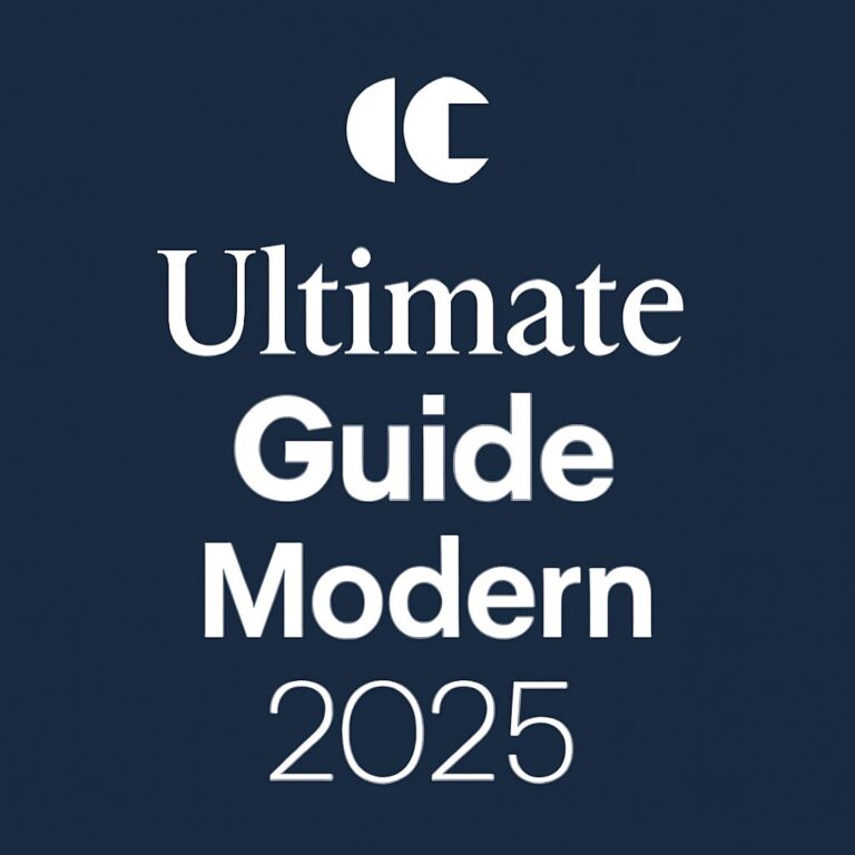 Bold white text on a dark blue background reads "Ultimate Guide Modern 2025," accompanied by a stylized logo.