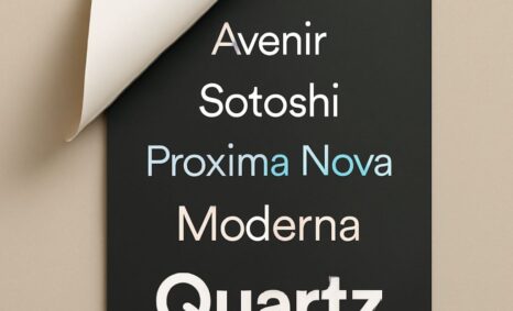A black poster displays modern font names, including Avenir, Satoshi, Proxima Nova, Moderna, and Quartz, with a curled c