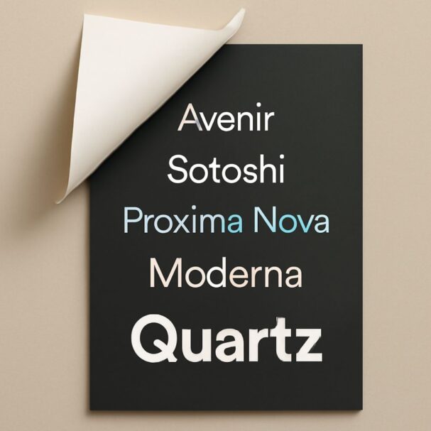 A black poster displays modern font names, including Avenir, Satoshi, Proxima Nova, Moderna, and Quartz, with a curled c