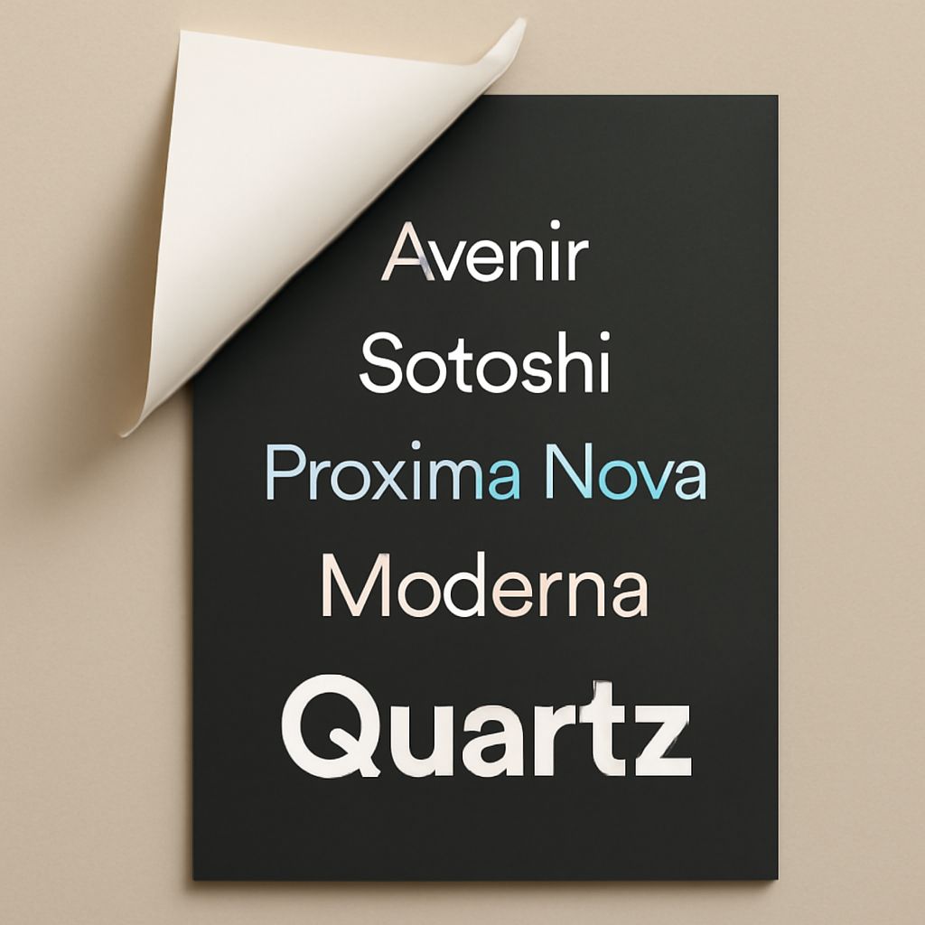 A black poster displays modern font names, including Avenir, Satoshi, Proxima Nova, Moderna, and Quartz, with a curled c
