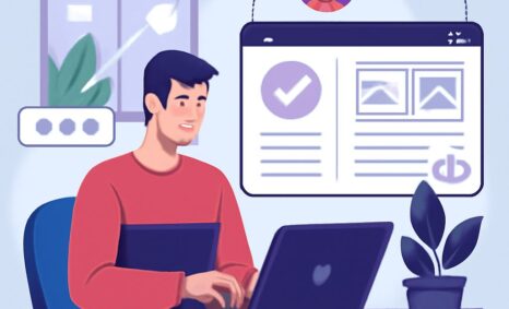 A young man in a red sweater works on a laptop, reviewing UX designs with a plant and sketches on his desk.