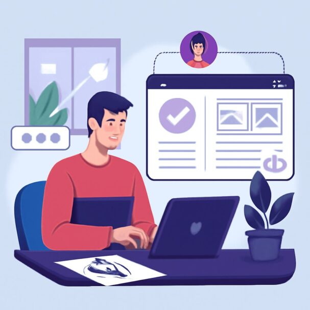 A young man in a red sweater works on a laptop, reviewing UX designs with a plant and sketches on his desk.