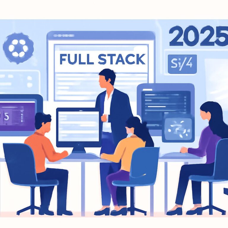 A group of four people collaborate at a table with computers, discussing full stack development in a modern workspace.