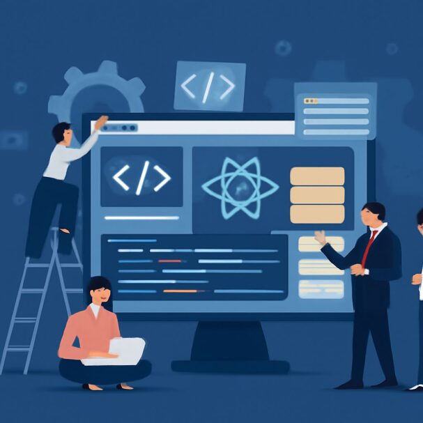 A diverse group of professionals collaborates around a large computer screen displaying code and design elements.
