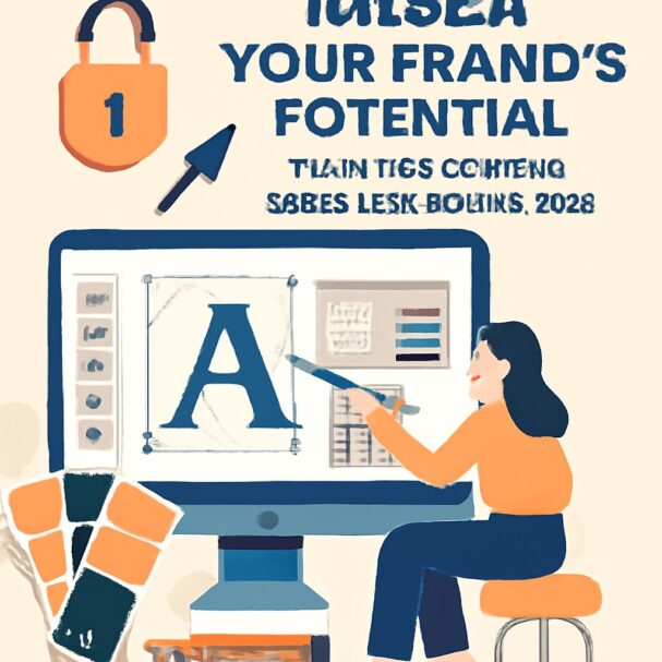 A woman in an orange shirt designs a large letter 'A' on a computer, surrounded by color palettes and design tools.