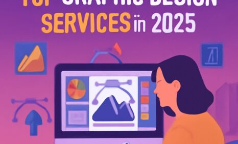 A woman in an orange sweater designs graphics on a computer, surrounded by colorful design elements and tools.