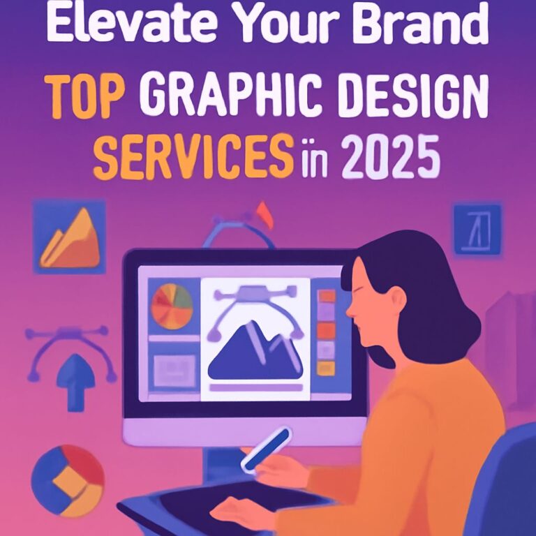 A woman in an orange sweater designs graphics on a computer, surrounded by colorful design elements and tools.
