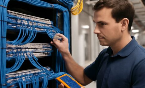 A technician in a blue shirt inspects blue network cables while holding an orange device in a server room.