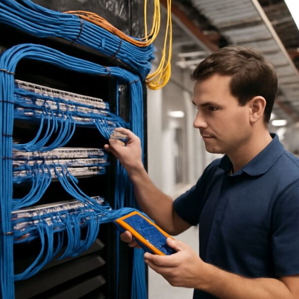 A technician in a blue shirt inspects blue network cables while holding an orange device in a server room.