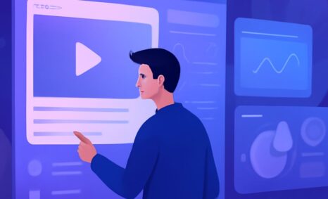 A man in a blue shirt interacts with a large, glowing digital interface displaying a video player and graphs.