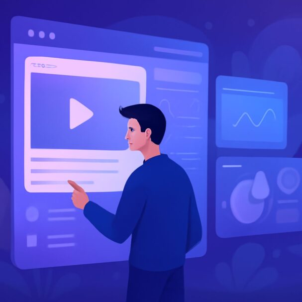 A man in a blue shirt interacts with a large, glowing digital interface displaying a video player and graphs.