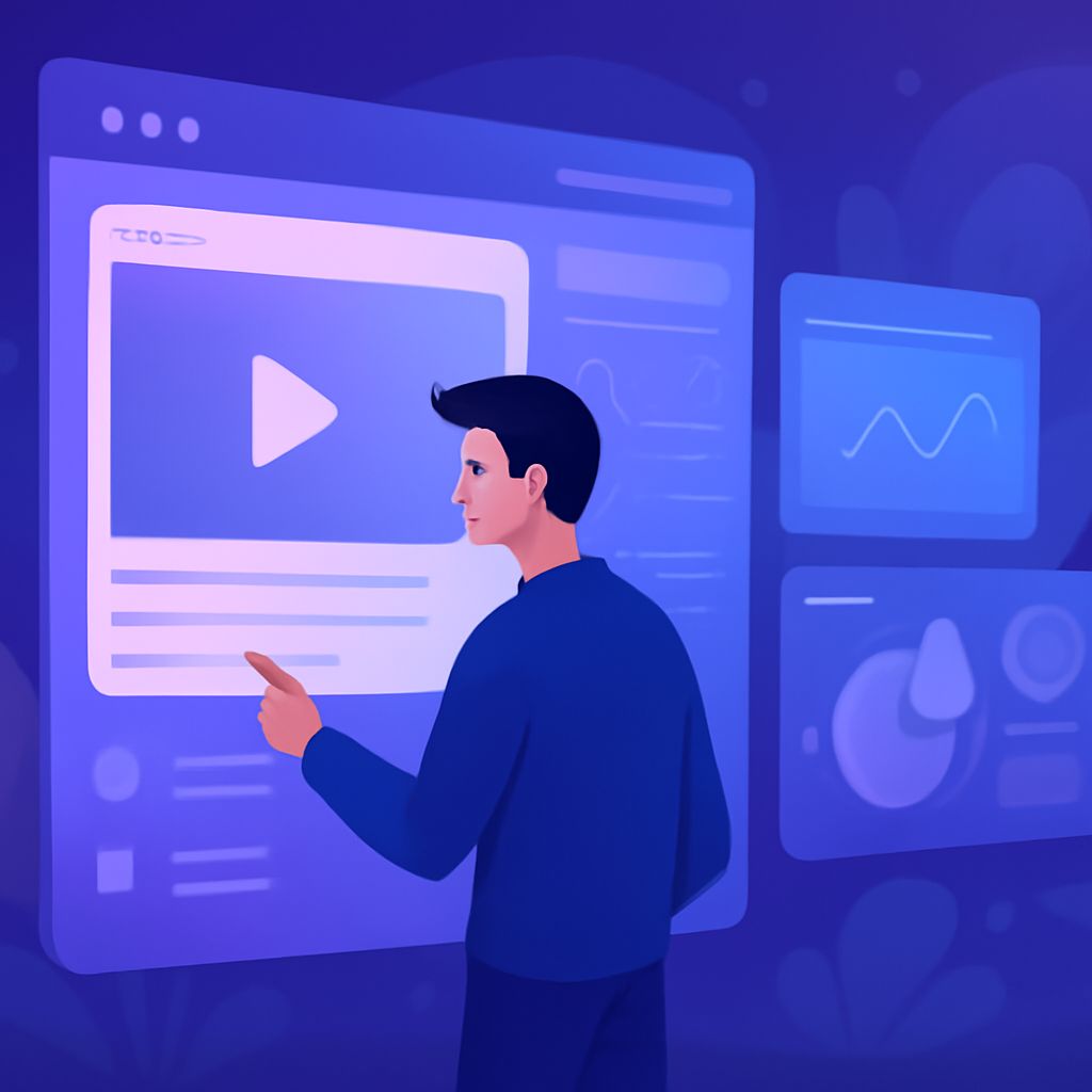 A man in a blue shirt interacts with a large, glowing digital interface displaying a video player and graphs.