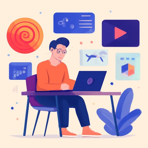 A man in an orange sweater works on a laptop at a desk, surrounded by colorful graphic design elements.