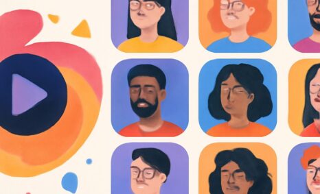 A colorful graphic features nine illustrated faces in various expressions, alongside a play button and abstract shapes.