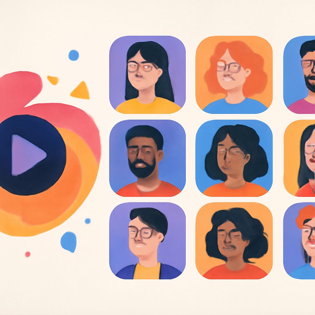 A colorful graphic features nine illustrated faces in various expressions, alongside a play button and abstract shapes.