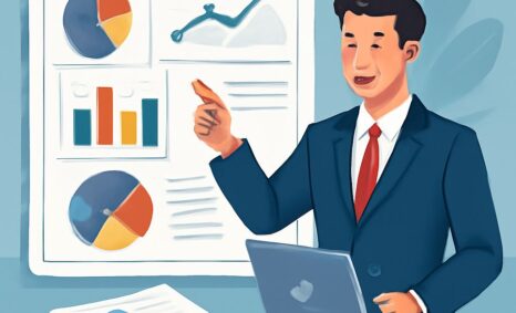A man in a suit presents data on a large screen, holding a laptop and gesturing towards colorful charts and graphs.