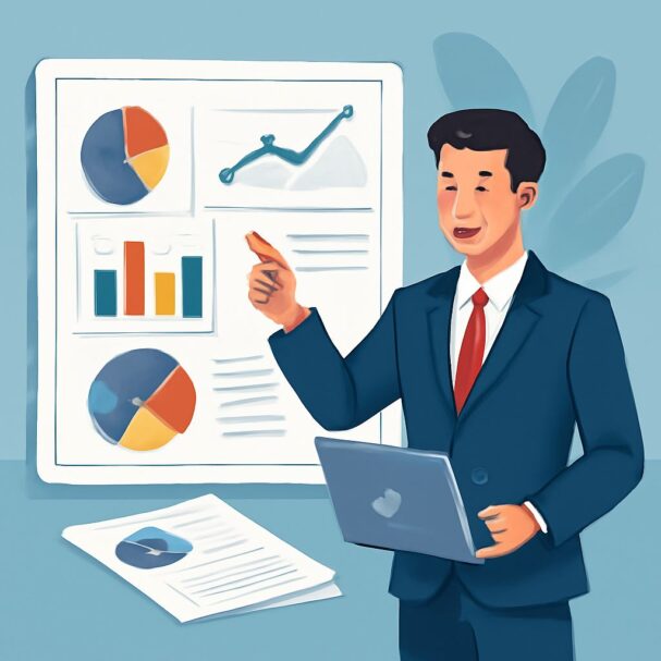 A man in a suit presents data on a large screen, holding a laptop and gesturing towards colorful charts and graphs.