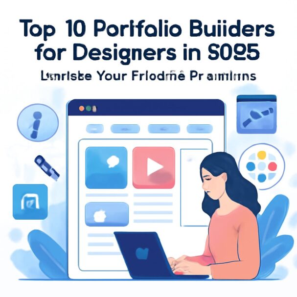 A woman with long dark hair types on a laptop while viewing a colorful portfolio website on a large screen.