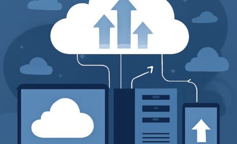 A cloud symbol with upward arrows connects a laptop, server, and smartphone against a blue background.