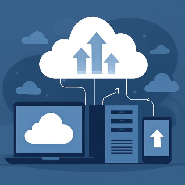 A cloud symbol with upward arrows connects a laptop, server, and smartphone against a blue background.