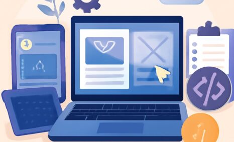 A laptop displays UI/UX designs alongside a smartphone, tablet, coding symbols, a light bulb, and a pen on a pastel back