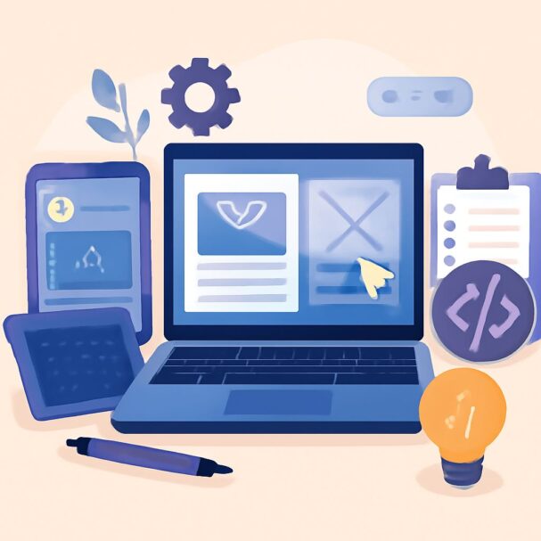 A laptop displays UI/UX designs alongside a smartphone, tablet, coding symbols, a light bulb, and a pen on a pastel back