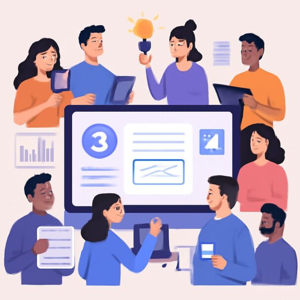 A diverse group of six people collaborates around a computer, discussing ideas and displaying enthusiasm for a project.