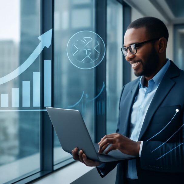 A man in a suit smiles while using a laptop, with digital graphs and icons displayed on the window beside him.