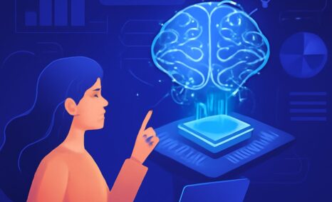 A woman in an orange sweater interacts with a laptop, while a glowing blue brain hovers above a circuit board.