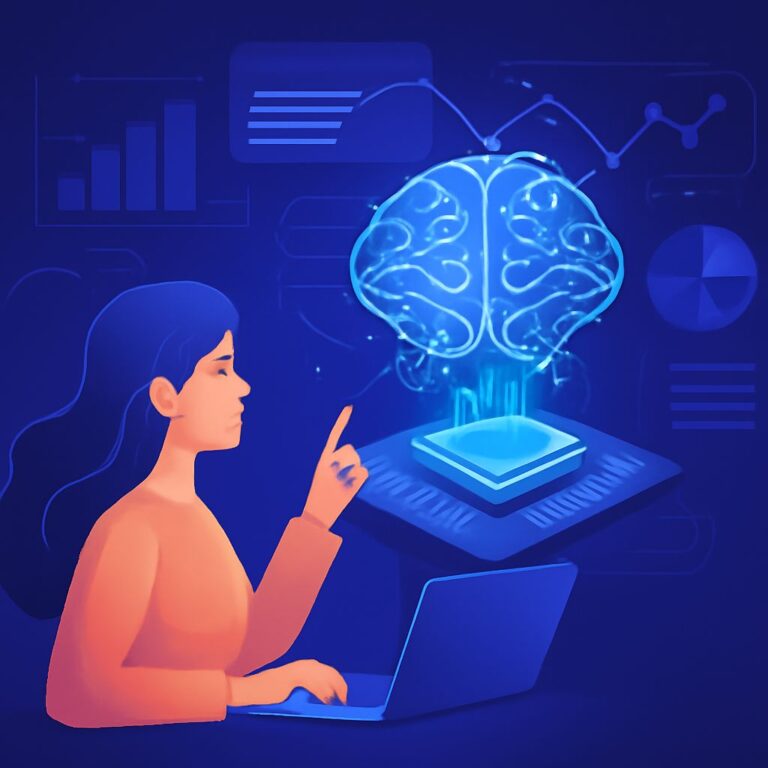 A woman in an orange sweater interacts with a laptop, while a glowing blue brain hovers above a circuit board.