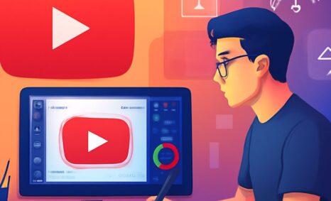 A young man with glasses works intently at a digital drawing tablet, surrounded by YouTube icons and colorful graphics.