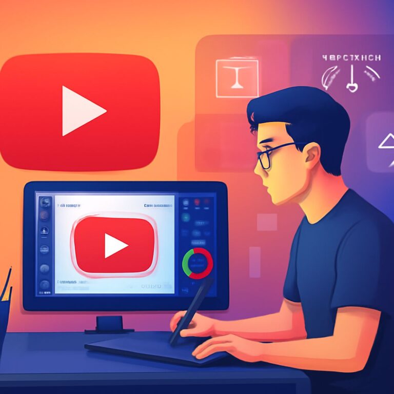 A young man with glasses works intently at a digital drawing tablet, surrounded by YouTube icons and colorful graphics.