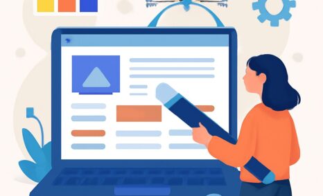 A woman in an orange shirt uses a large blue pencil to design a webpage on a laptop, surrounded by color palettes and to